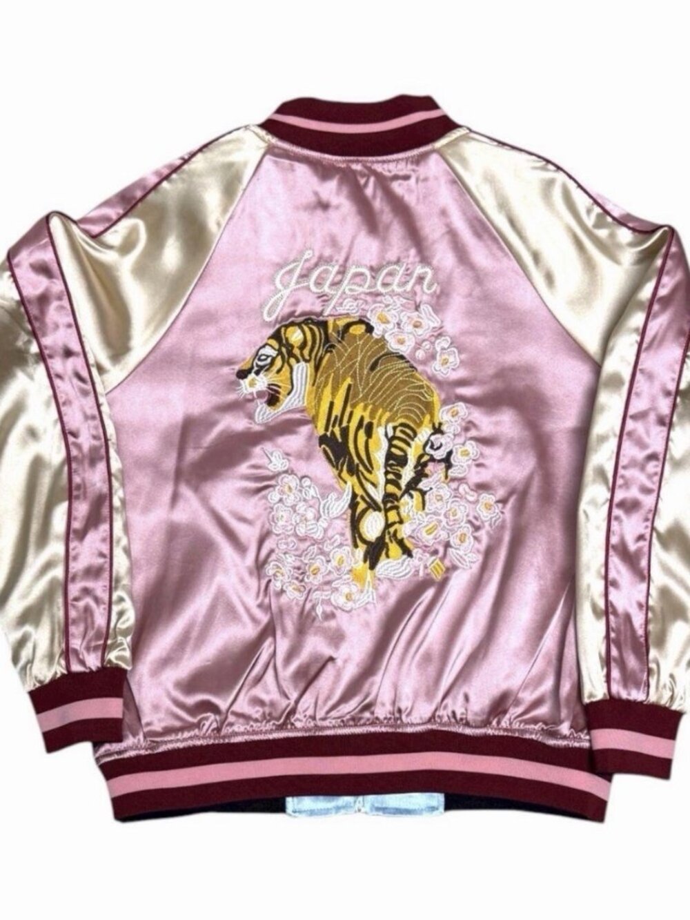 JAPAN SUKAJAN Satin Okinawa REVERSIBLE Tiger Bomber Jacket Womens Medium - Picture 1 of 7